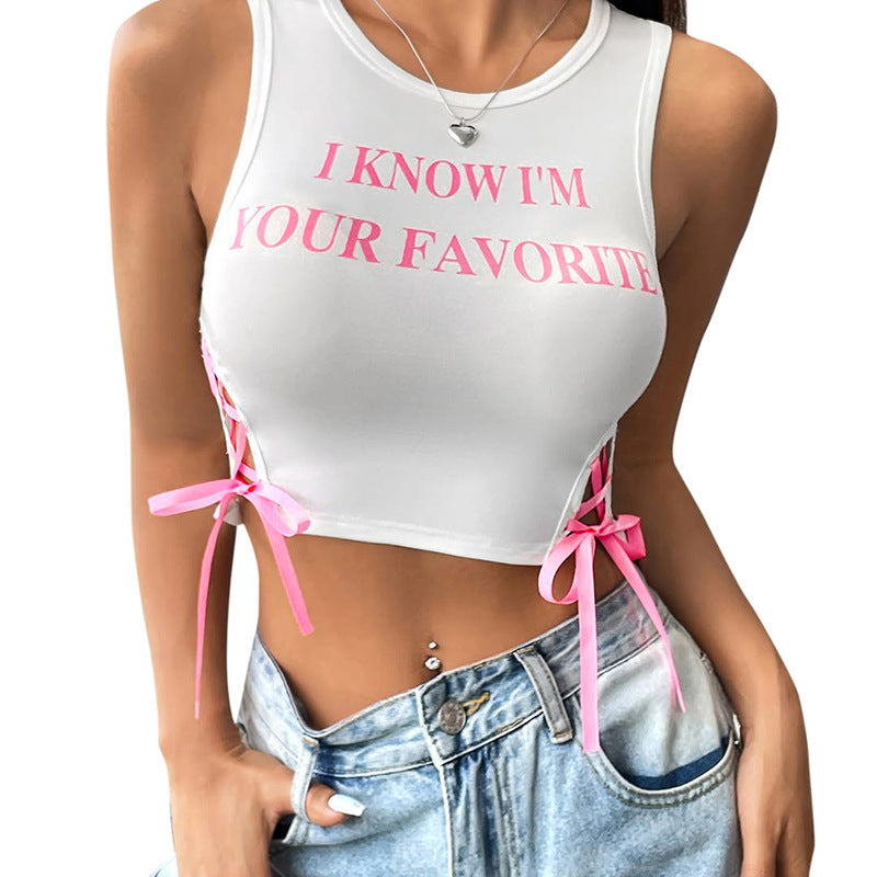 Contrast Color Letter Printed Lace Up Sexy Vest Top