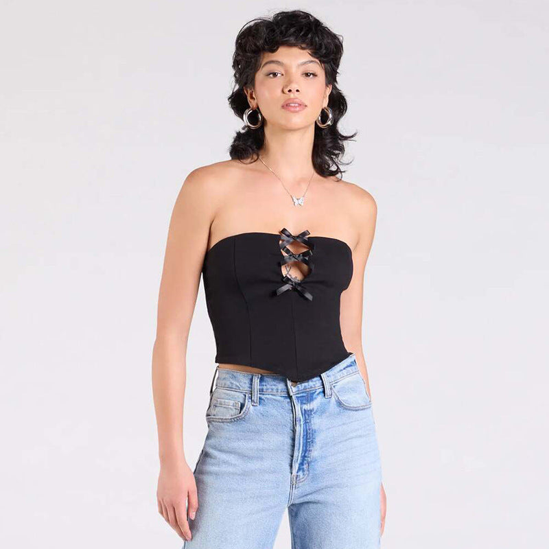 European And American Solid Color Bow Hollow Sexy Tube Top