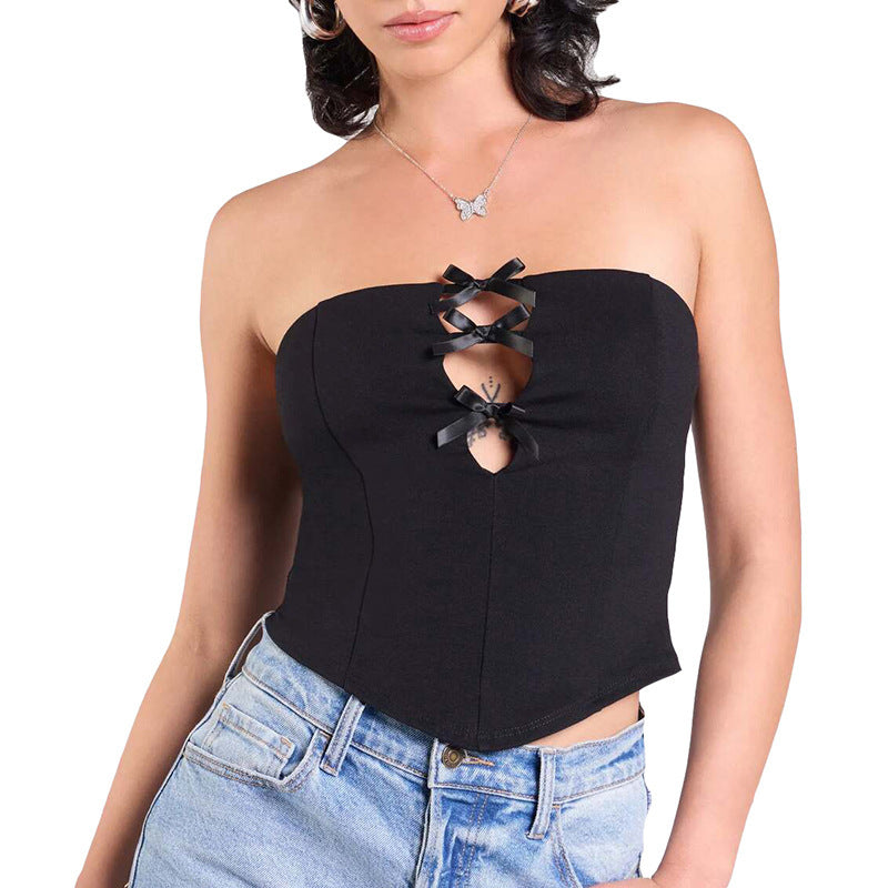 European And American Solid Color Bow Hollow Sexy Tube Top
