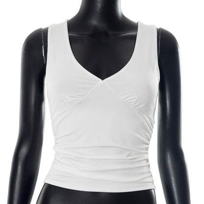 European And American Solid Color And V-neck Pleated Sexy Vest Top For Women