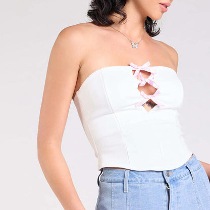 European And American Solid Color Bow Hollow Sexy Tube Top