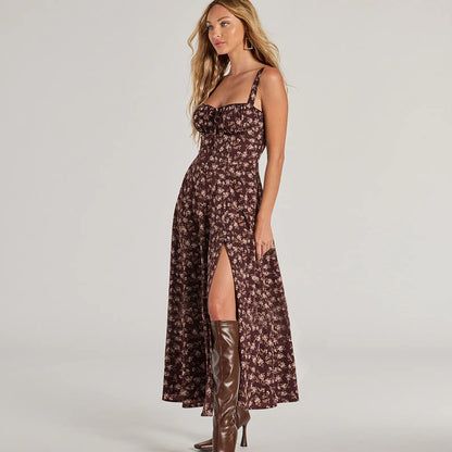 European And American Spring And Summer Floral Backless Slim Fit Sleeveless Split Dress