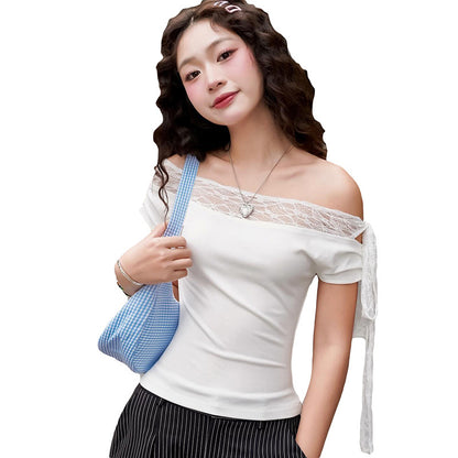 Solid Color Off-neck Sexy Lace Stitching Top