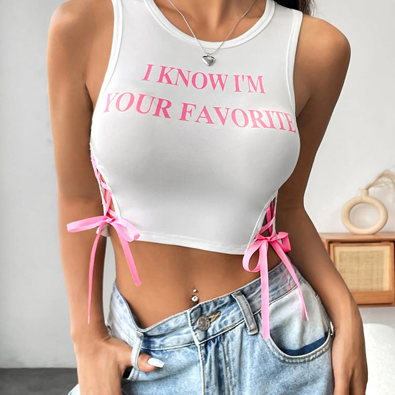 Contrast Color Letter Printed Lace Up Sexy Vest Top