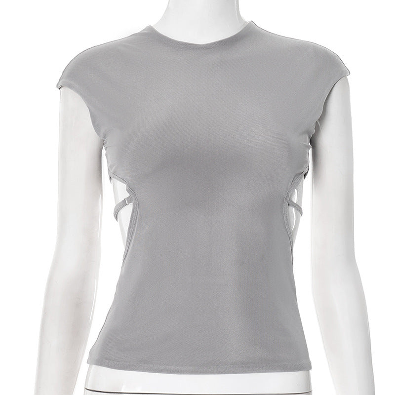 Solid Color Round Neck Sleeveless Backless Sexy Vest Top