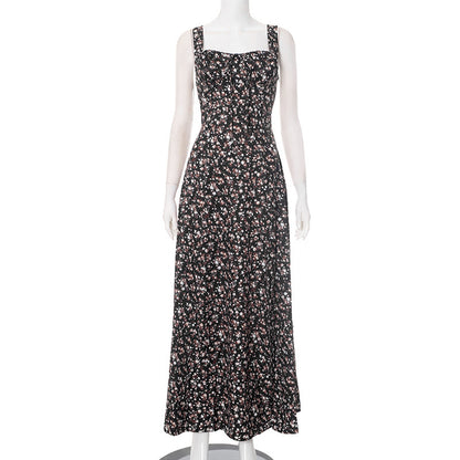 European And American Spring And Summer Floral Backless Slim Fit Sleeveless Split Dress