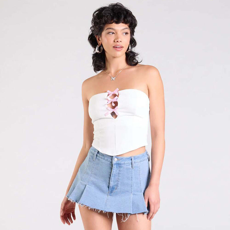 European And American Solid Color Bow Hollow Sexy Tube Top