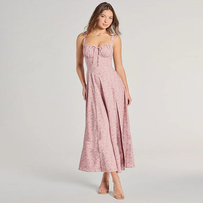 European And American Spring And Summer Floral Backless Slim Fit Sleeveless Split Dress