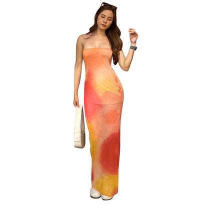 Contrast Color Tube Top Printing Dress