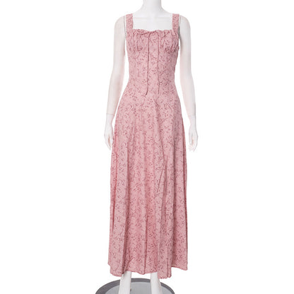 European And American Spring And Summer Floral Backless Slim Fit Sleeveless Split Dress