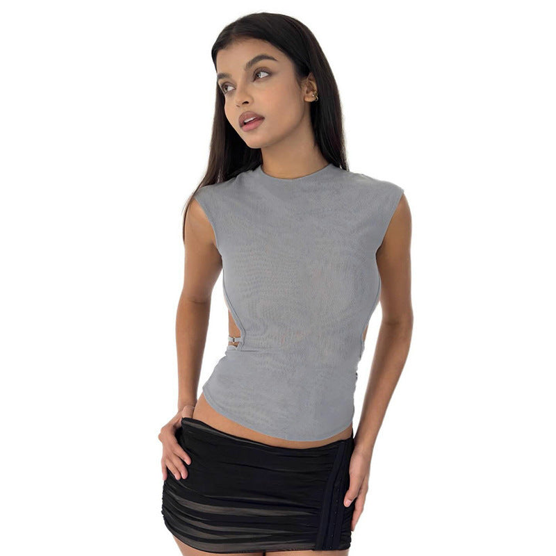 Solid Color Round Neck Sleeveless Backless Sexy Vest Top