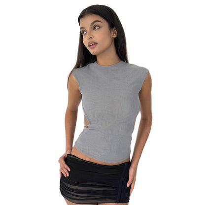 Solid Color Round Neck Sleeveless Backless Sexy Vest Top