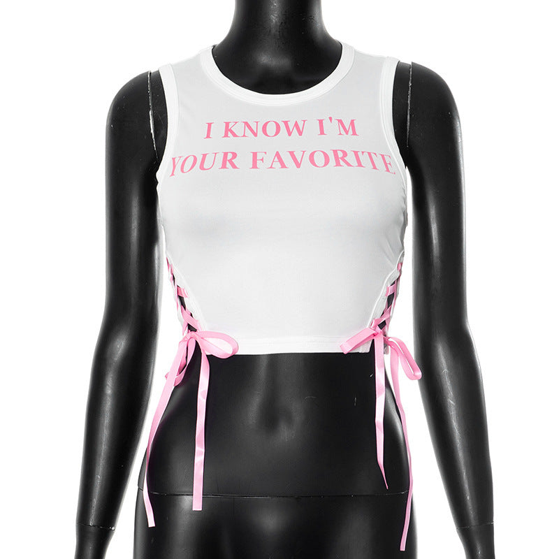 Contrast Color Letter Printed Lace Up Sexy Vest Top
