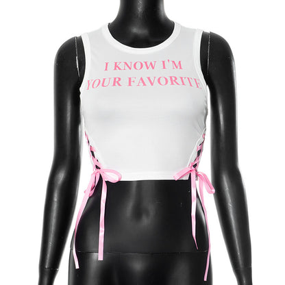 Contrast Color Letter Printed Lace Up Sexy Vest Top