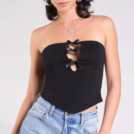 European And American Solid Color Bow Hollow Sexy Tube Top